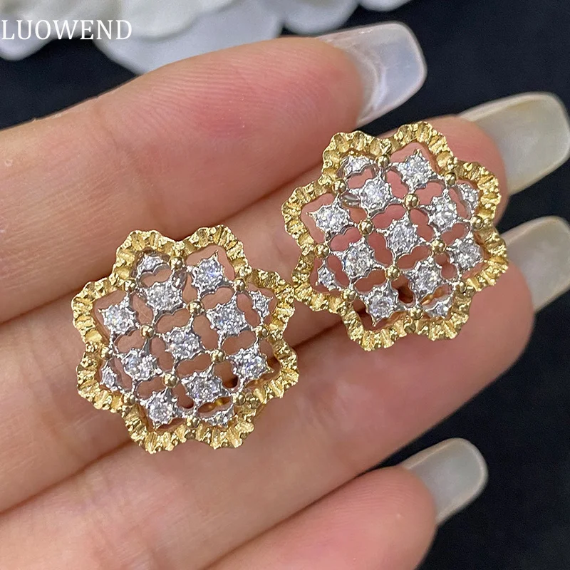 LUOWEND 18K White and Yellow Gold Earrings Real Natural Diamond Hoop Earrings Romantic Plum Blossom Shape Party Fine for Women