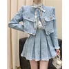 High Quality Tassel Design 2-Piece Sets Women Tweed Autumn New Solid Outfits Long Sleeve Short Jacket Coat + Pleated Skirt Suits 5