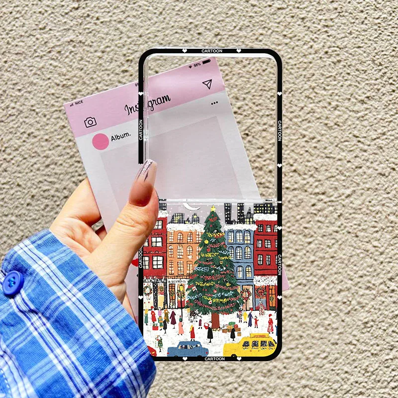 Winter Snow Landscape Phone Case - Clear Hard Folding Cover with Christmas Street Scenery
