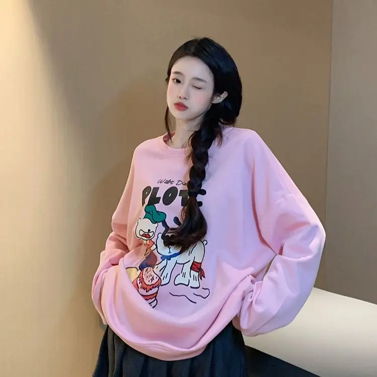

Hsa Women Girls Print Cartoon Poppy Loose Cotton Jogging Sweatshirts Female O Neck Lantern Sleeve Chic Pink Dog Pullovers Tops