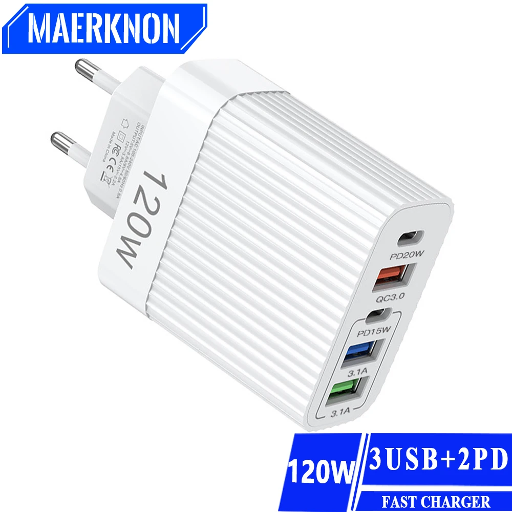 

120W USB C Charger PD Muti 5 Ports Fast Charging Charger Mobile Phone Quick Charging Type C Wall for IPhone 15 Xiaomi 14 Samsung