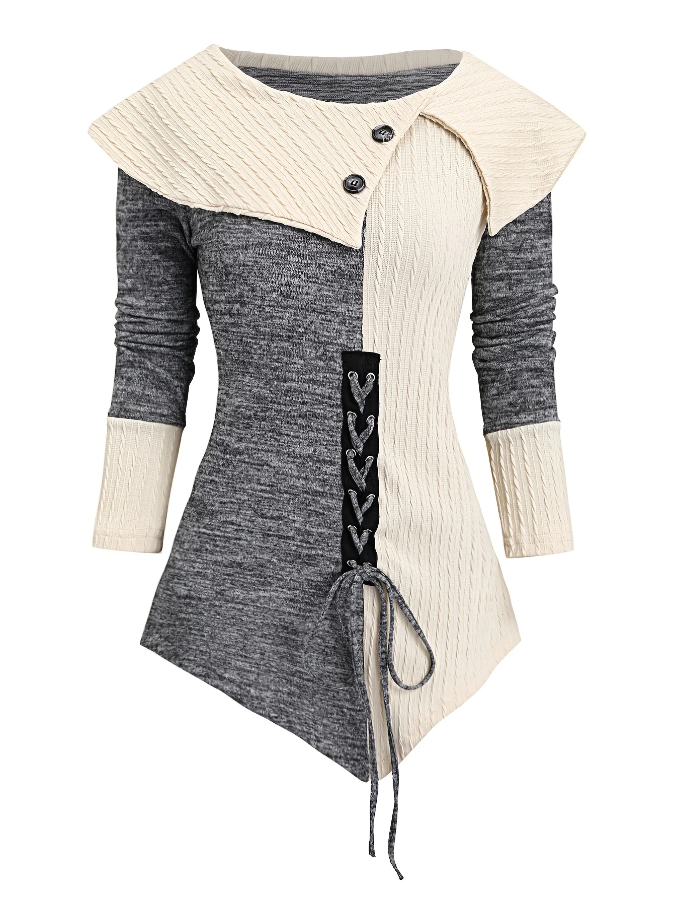 Europe and the United States fashion autumn and winter new lace-up decoration lapel imitation button hem long-sleeved shirt Best Sellers In Women's Clothing