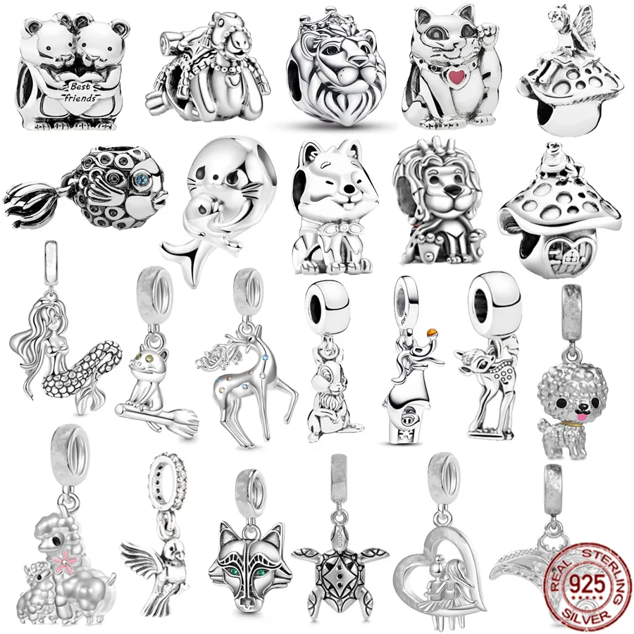 

925 Sterling Silver Sea Turtle，Bichon Puppy，Alpaca，Playful Cat Dangle Charm Beads Fit Original Pandora Bracelet DIY Jewelry Gift