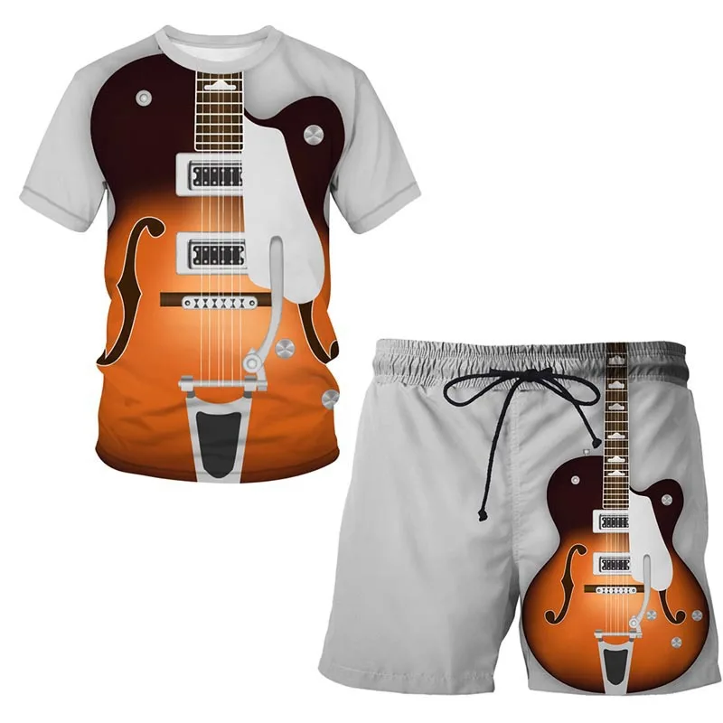 thumbnail image 1 of Conjunto de pantalones cortos de manga corta con estampado 3D y patrón de guitarra musical personalizado Conjunto holgado de 2 piezas para hombre, 1 of 4