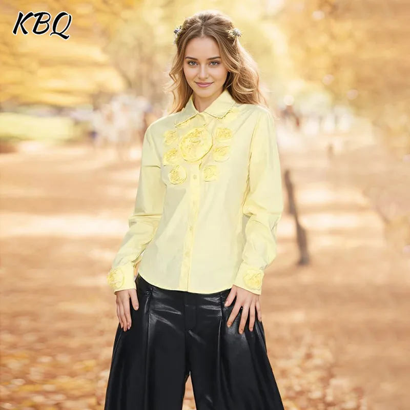 KBQ Temperament Spliced Appliques Shirt For Women Lapel Long Sleeve Patchwork Button Loose Blouses Female Fashion Clothing Style