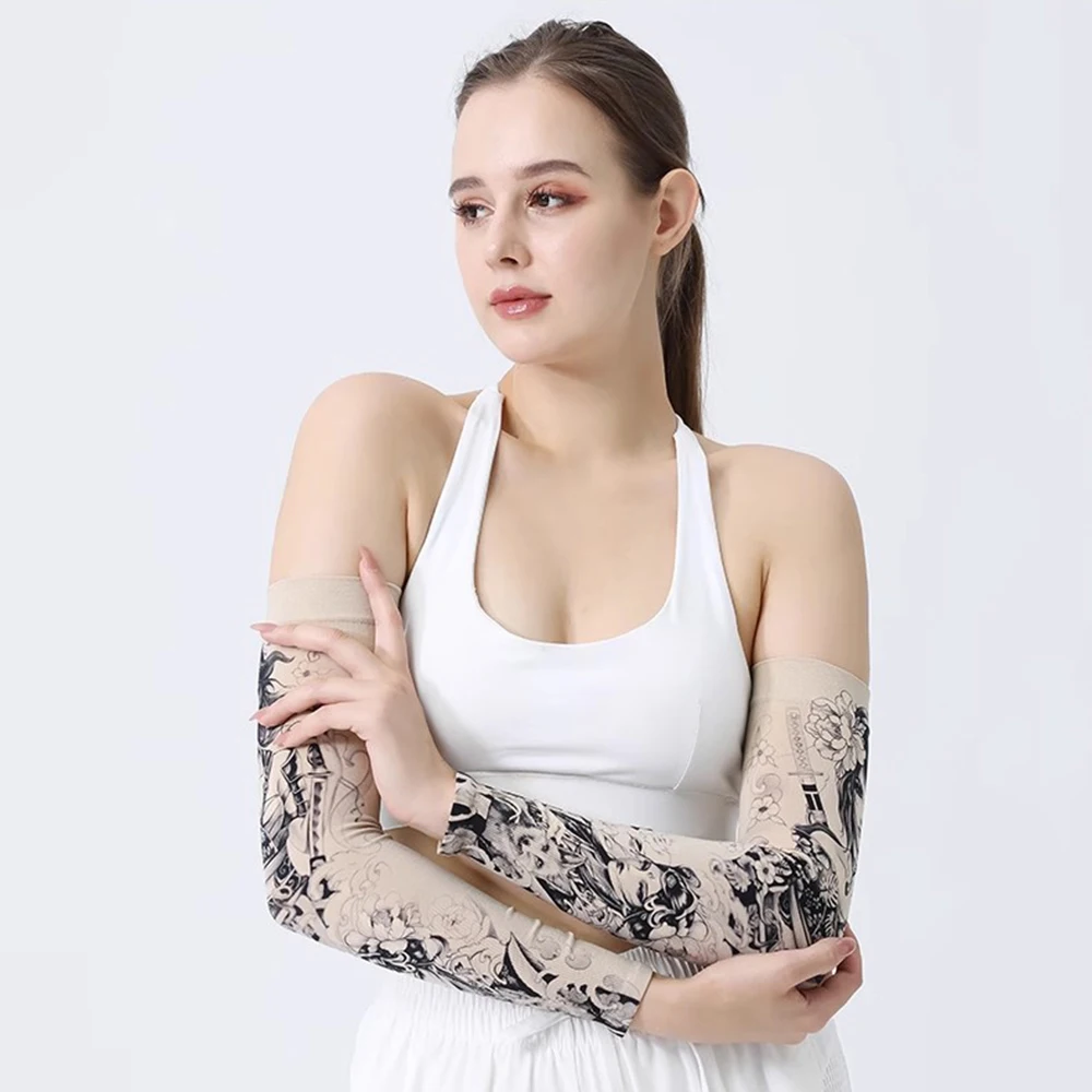 2PCS Long Summer Tattoo Sleeves Seamless Armguard Sun Protection Cover Outdoor Gloves Driving Ice Silk Women Arm Sleeves