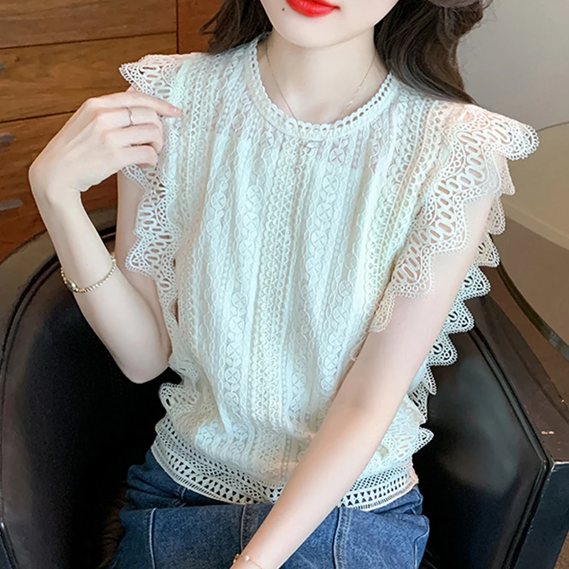 

Женская кружевная блузка без рукавов, Повседневная Однотонная рубашка с оборками и круглым вырезом, модель 2023 на лето, 27631
