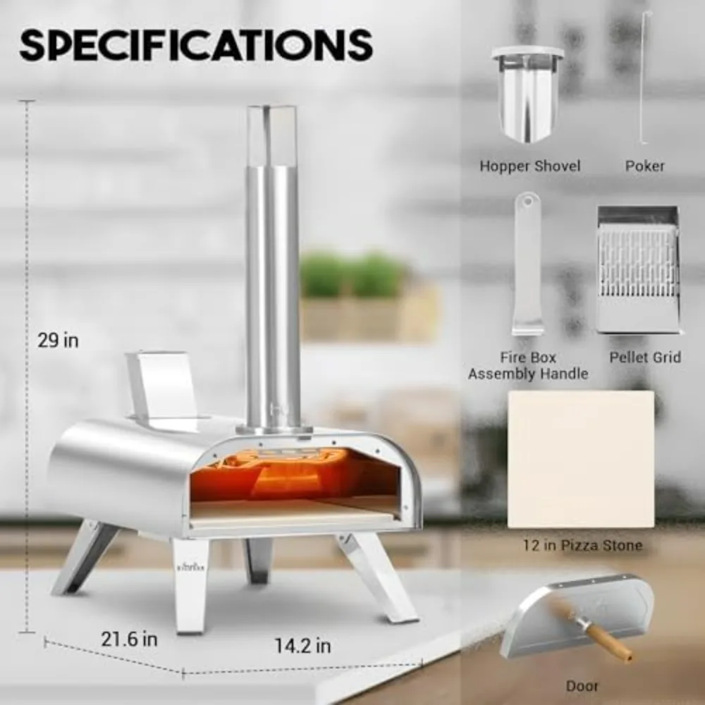 Dual Fuel Pizza Oven - Electric and Wood Pellet, High-Temperature Indoor and Outdoor Pizza Maker with Pizza Stone, 1000°F