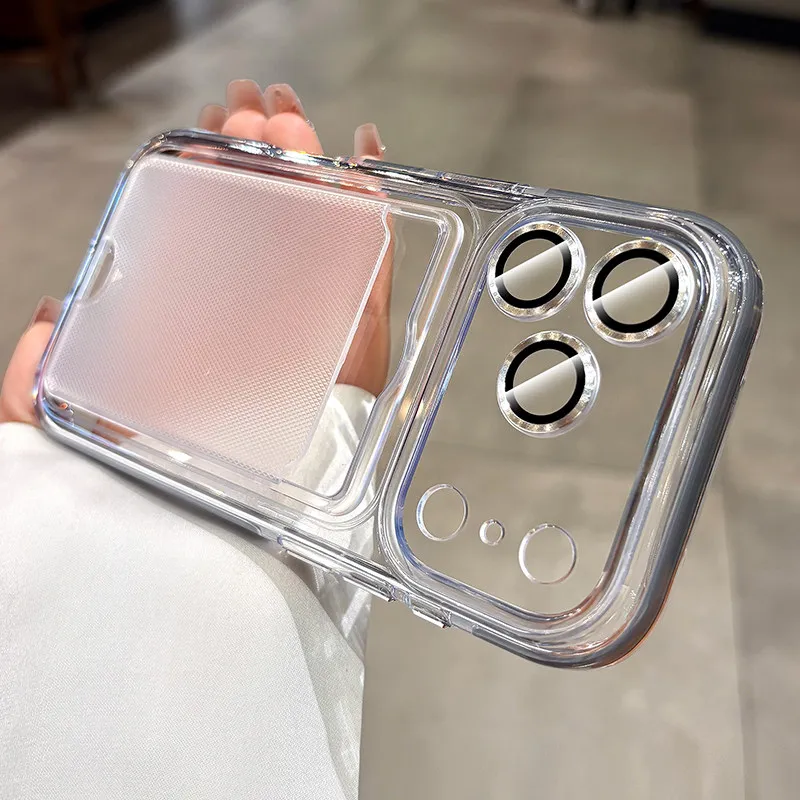 Shockproof Card Slot Wallet Case with Camera Lens Protector and Transparent Cover