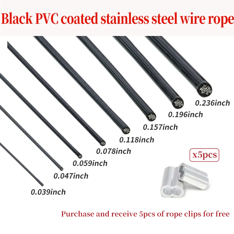 Câble métallique en acier inoxydable 304 5/10/20/50M, câble recouvert de PVC noir, câble en acier 7X7 peut être assorti à n'importe quel gréement