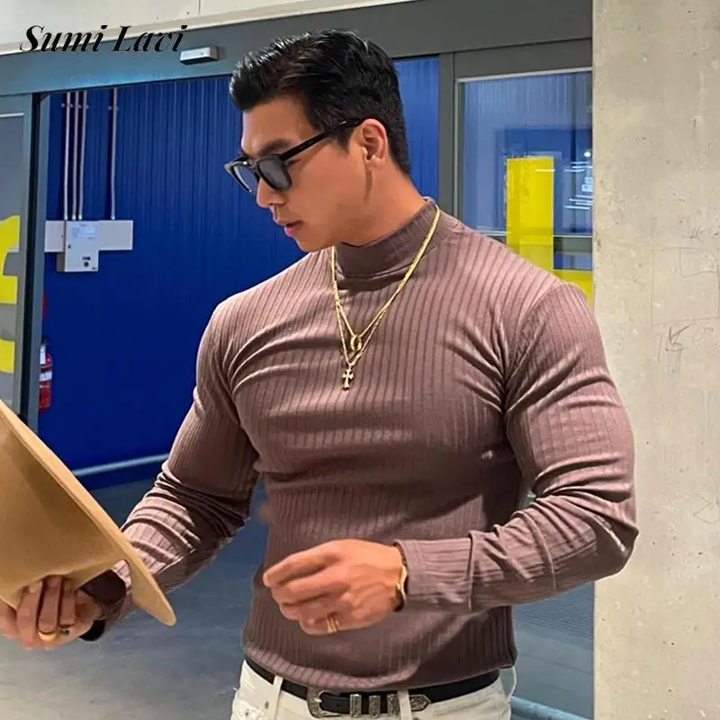 

Sports Fitness Elastic Slim Mock Neck T Shirt Men Autumn Casual Long Sleeve Solid Color Ribbed Tops Mens Fashion Basic T-shirts
