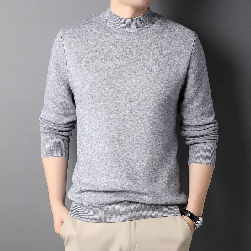 New Autumn Men's Half High Neck Sweater Knitted Pullover Underlay Knitted Fashion Slim Fit Solid Elastic Pullover Men's