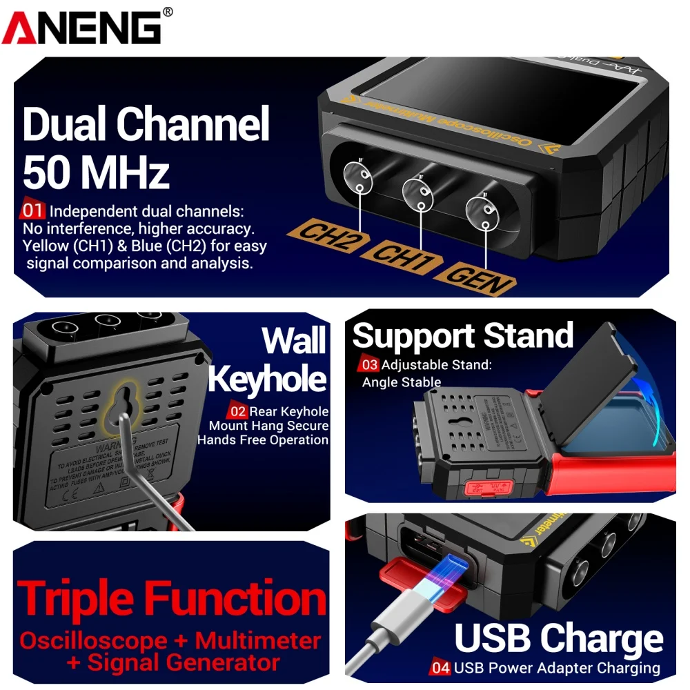 AOS05 휴대용 디지털 오실로스코프 0-1000V 3-in-1 멀티미터 듀얼 채널 50MHz 200MS/s 자동차 수리용 신호 발생기