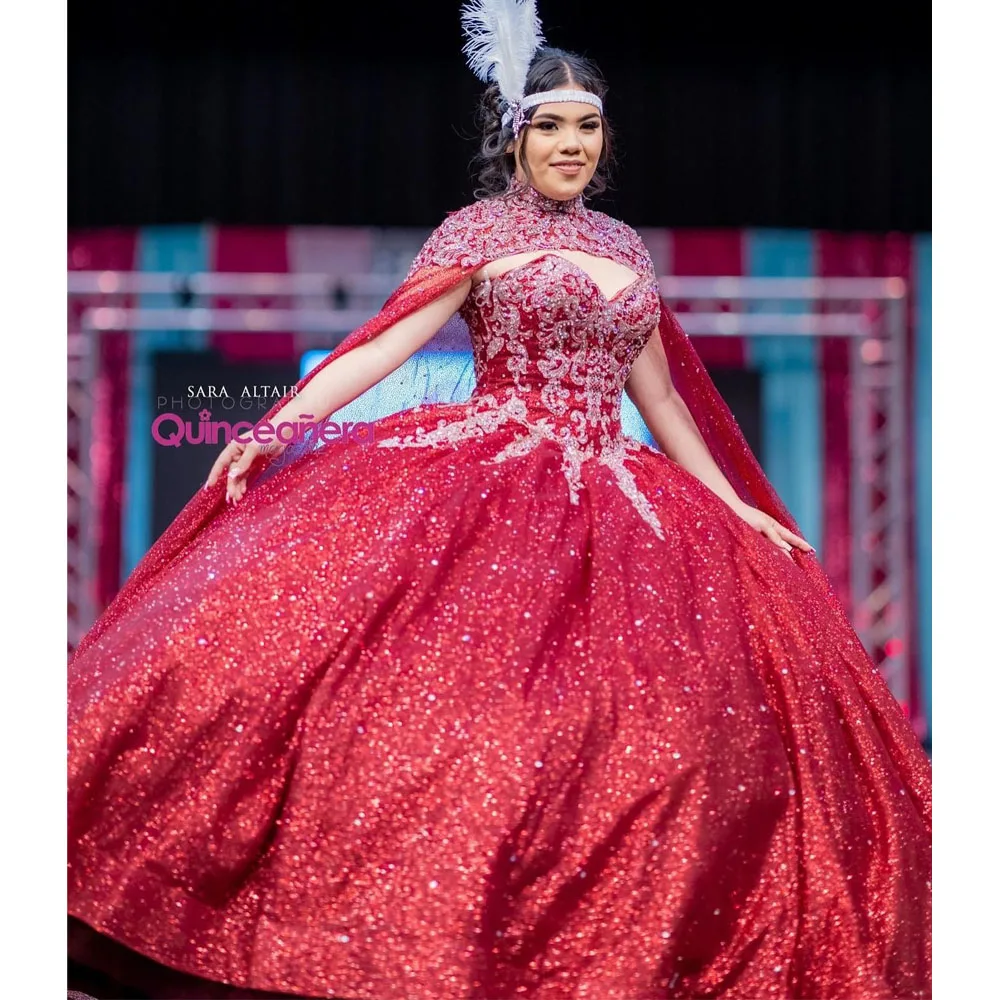

Red Sweetheart Glitter Crystal Ball Gown Quinceanera Dresses With Cape Sequined Appliques Lace Corset Sweet Vestidos De XV Años