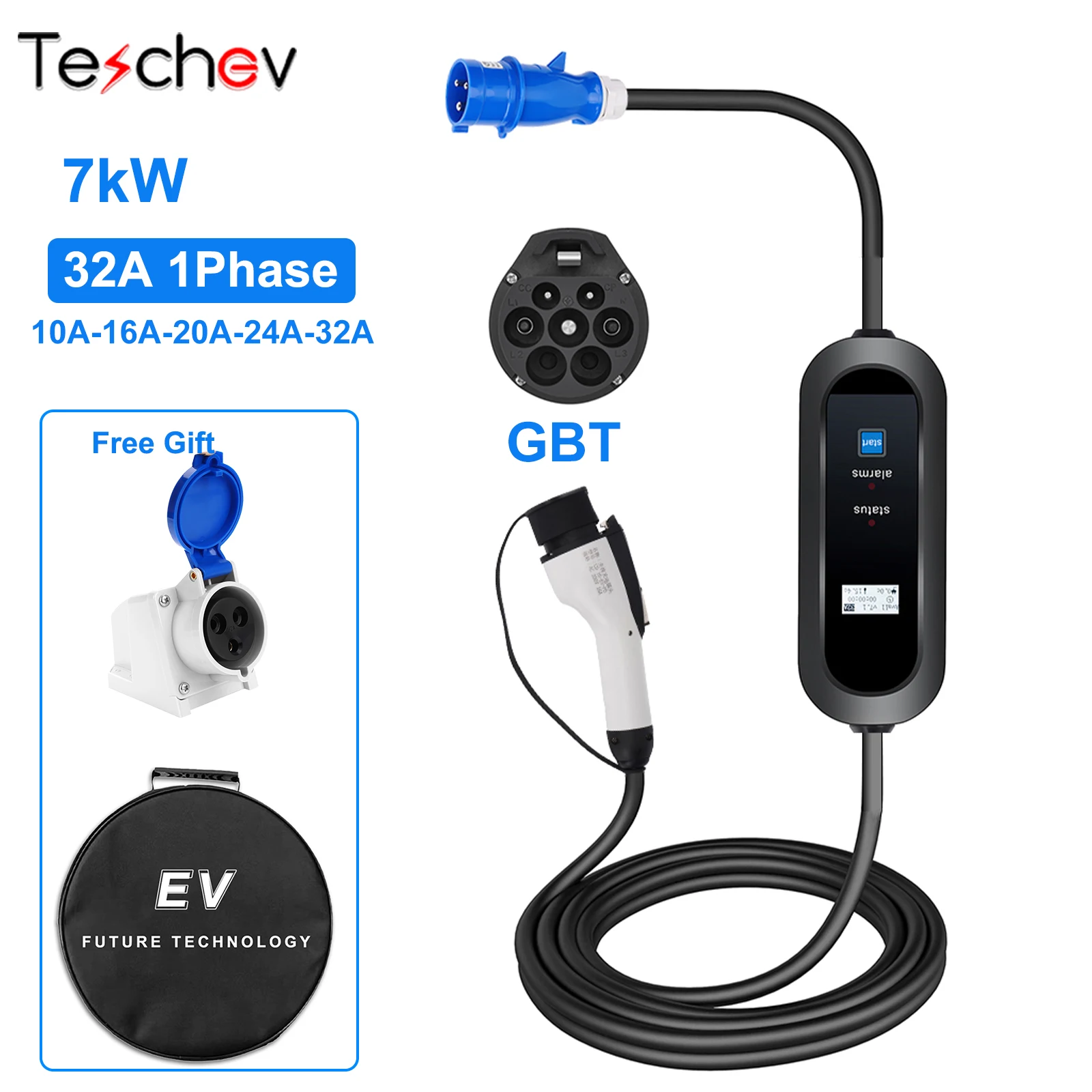 

Teschev GB/T Portable EV Charger 32A 7KW 1Phase EVSE Charging Cable 5m CEE Plug for Chinese Electric Vehicle