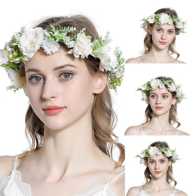 

Bohemia Holiday Women Rose Floral Crown Hair Wreath Leave Flower Headband with Adjustable Ribbon