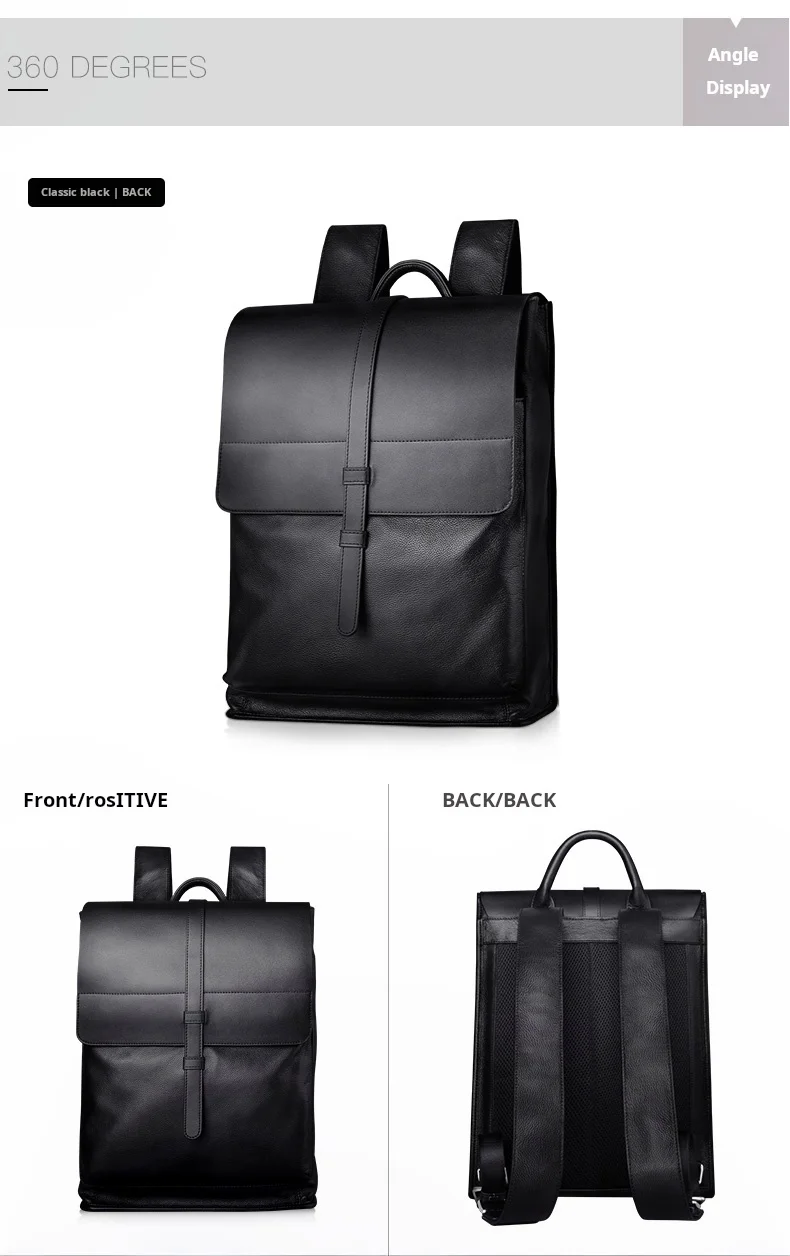 حقيبة ظهر عصرية من جلد البقر الطبيعي متعددة الاستخدامات للرجال، حقيبة أعمال أنيقة بحمالتين للكتف باللون الأسود