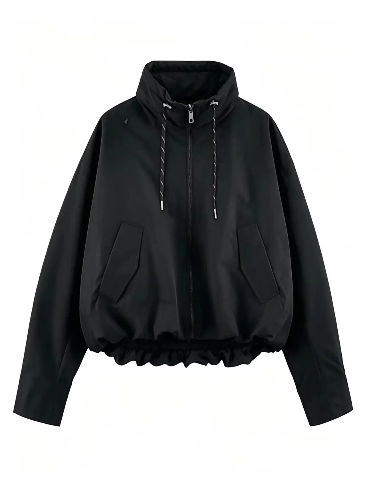 Guobioziy 2026 Autumn Women's Short Thick Jacket Stand Collar with Drawstring Hem Zipper Long Sleeve Loose Casual Pocket Coat