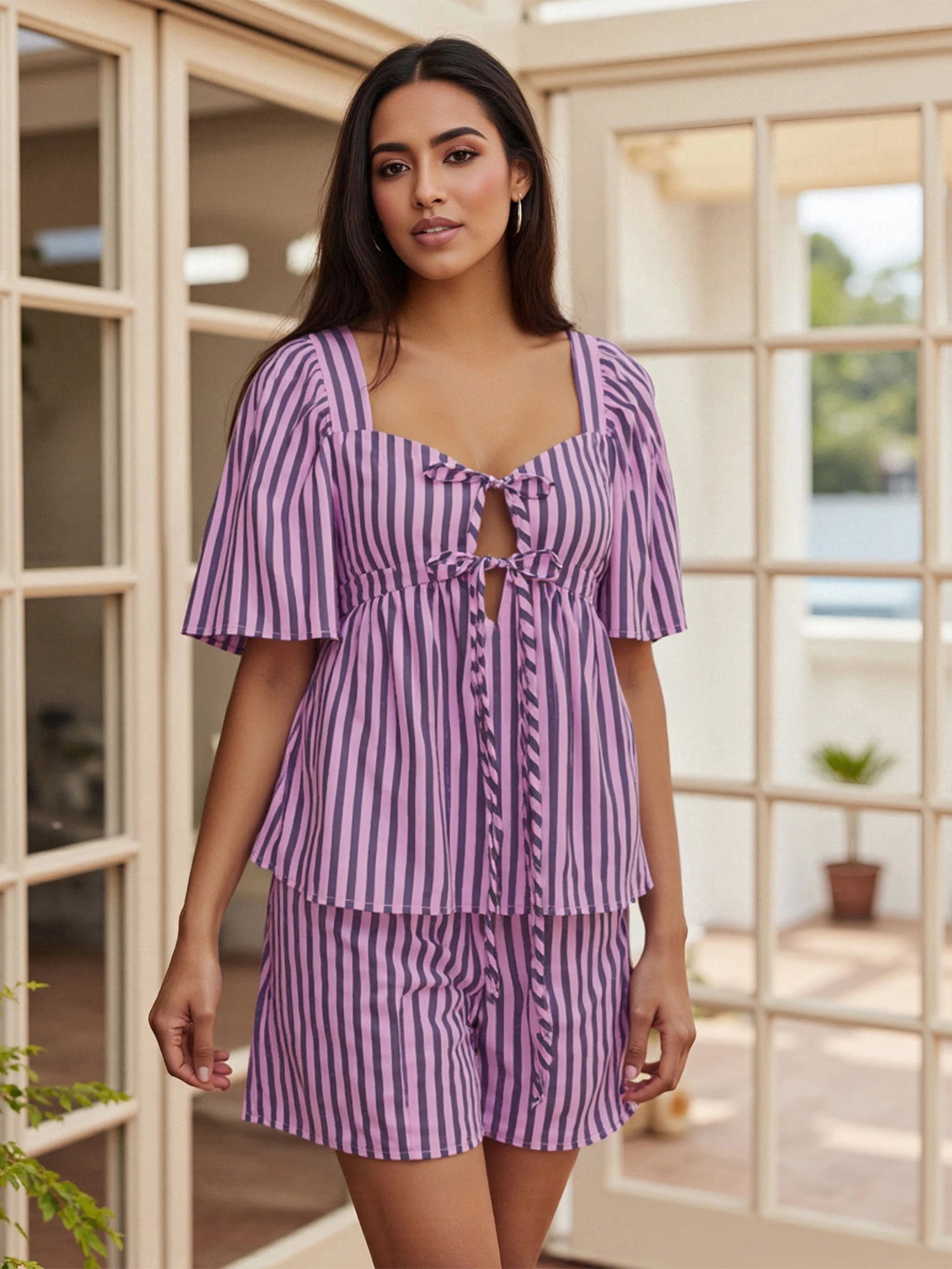 Women s Cozy Two Piece Pajama Set with Short Sleeve Striped Top and Matching Shorts for Comfortable Lounging