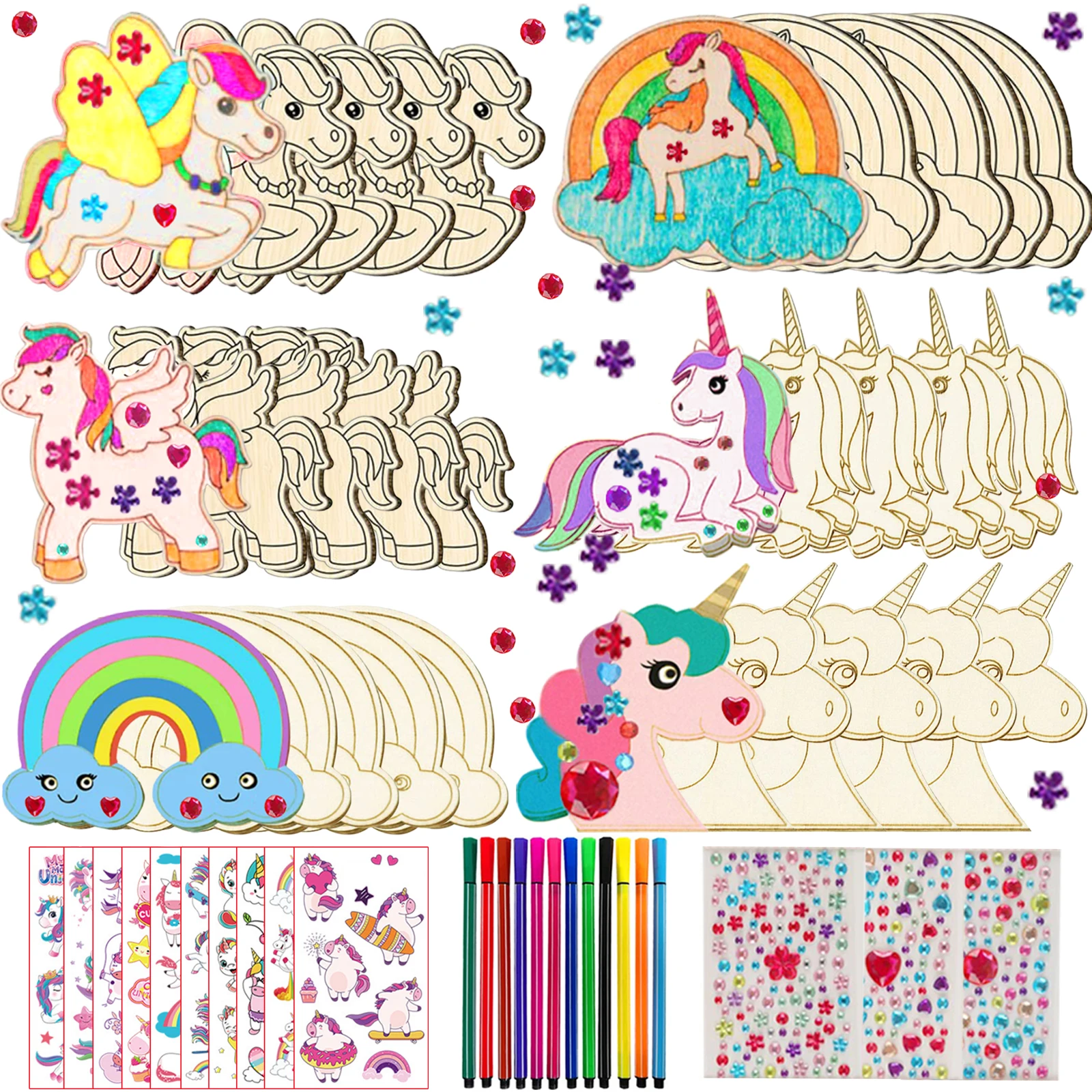 Craft Toys 386Pcs Unicorn Wood Craft Set 18Pcs Unicorn Wood 354 Rhinestones 12 Colored Pencils 2 Stickers Boys/Girls DIY Crafts