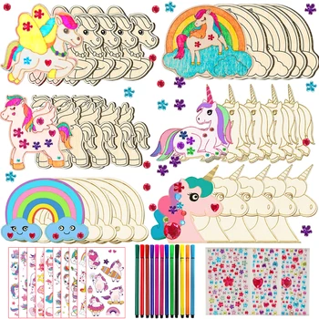 386Pcs Unicorn Wood Craft Set with 18Pcs Unicorn Wood, 354 Rhinestones, 12 Colored Pencils, 2 Stickers, Boys/Girls DIY Crafts 1