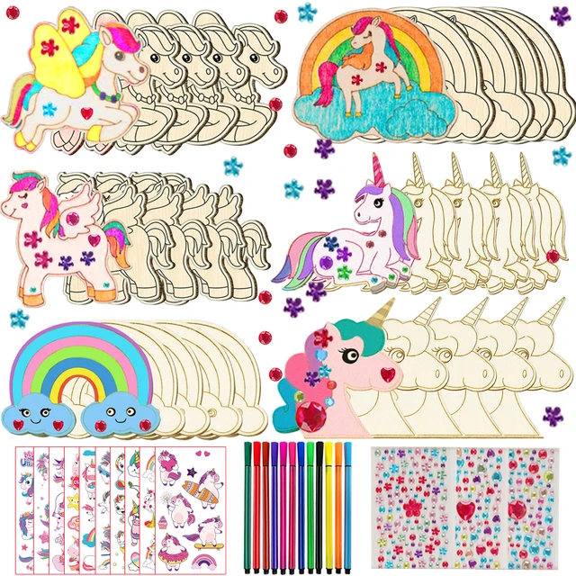 386Pcs Unicorn Wood Craft Set with 18Pcs Unicorn Wood, 354 Rhinestones, 12 Colored Pencils, 2 Stickers, Boys/Girls DIY Crafts 1