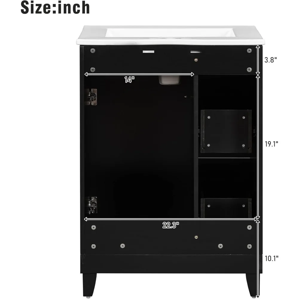 24 Inch Bathroom Sink, Standalone Single Basin Sink Set with Two Drawers and One Door, Modern Solid Wood Bathroom Cabinet 4