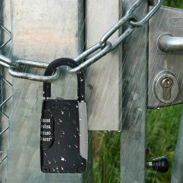Padlock Key Lock Box Small Combination House-Outside Black Weatherproof 4 Digit Code Keys Safe Storage For Realtor Contractor 4