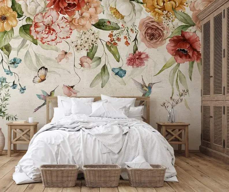 

Soft Watercolor Floral Wallpaper Peel and Stick, Removable Wallpaper, Peony Blossom Wall Mural