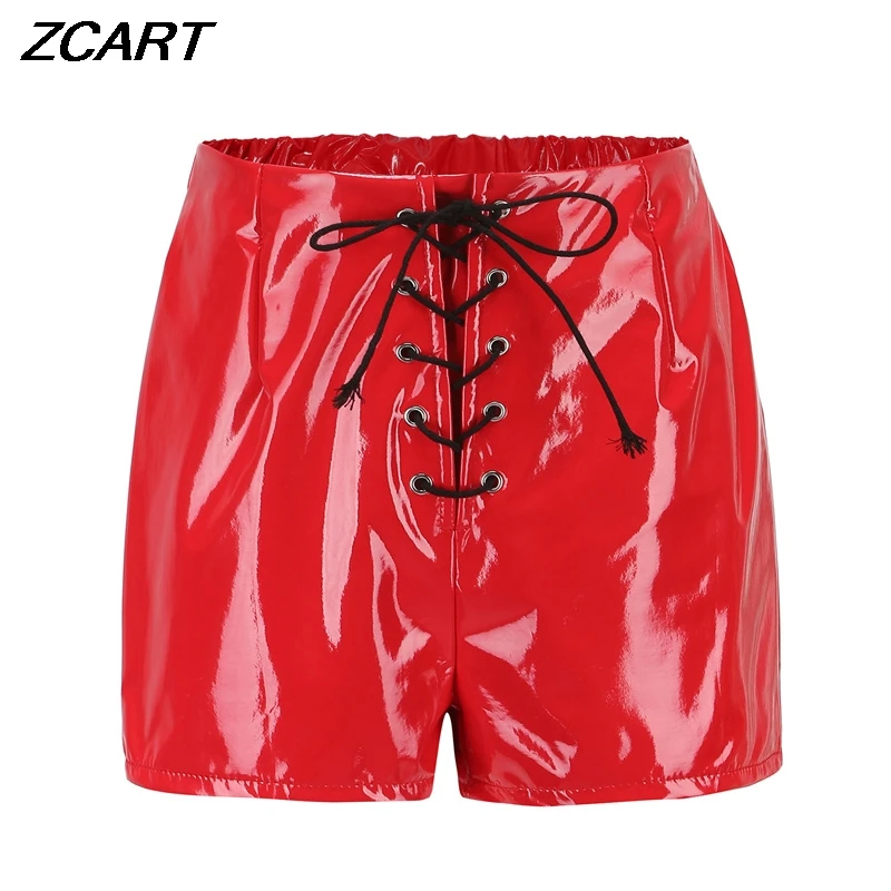 Sexy Women Faux Leather Shorts Goth Ladies Lace Up High Waist Shorts Female Sexy Mini Red Black Club Hot Pants