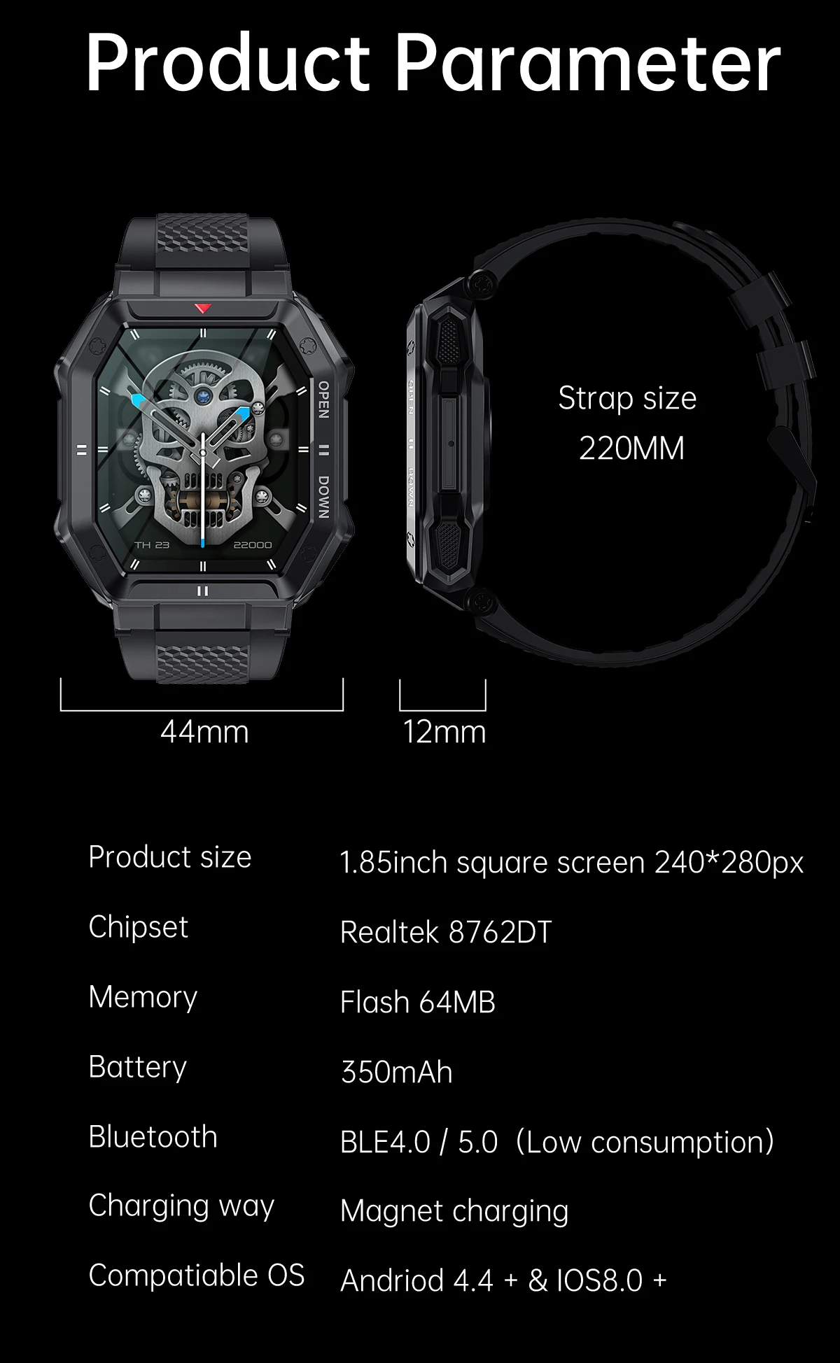 1.85inch 2022 New Military Smart Watch Men Bluetooth Call 350mAh 24H Healthy Monitor Outdoor IP68 Original Smartwatch