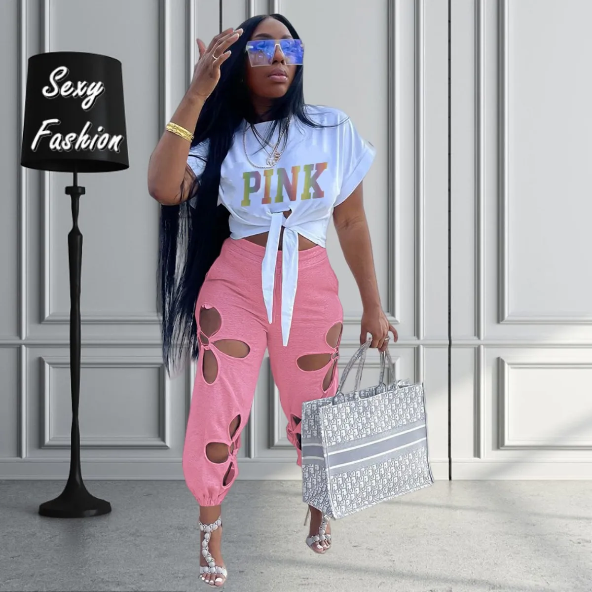 

XL-5XL African New Fashion Women Clothing Plus Size Matching Sets Sexy Irregular Hollow Short Sleeve Two Piece Sets Pant Suits