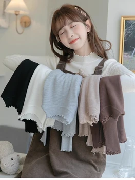 2025 المرأة محبوك سترة الخريف الشتاء طبقة قاعدة بسيطة القمم الخشب الأذن حافة الياقة المدورة طويلة الأكمام البلوفرات ملابس حريمي