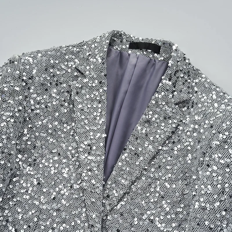 2023 New Sparkly Men's Suit Jacket Single Breasted Sequins Patchwork Silver Gold Male Clothing Stage Singer Nightclub Man Blazer