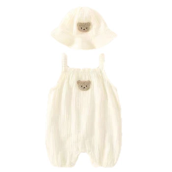 Neonato estate sottile tuta ragazze senza maniche bretelle pagliaccetto vestito ragazzi carino ricamo cartone animato pigiama + cappello 2 pezzi Set