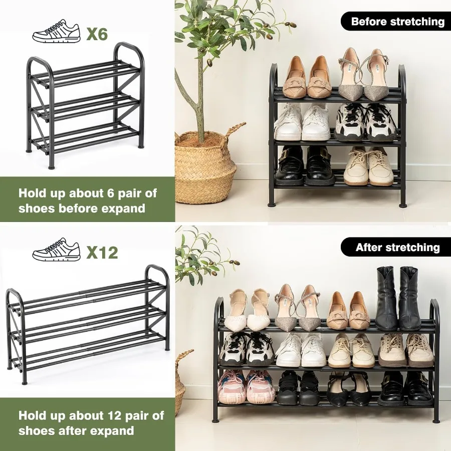 3Tier Shoe Rack for Closet 1633 Expandable ShoeRackAdjustable for Entryway Closet Doorway SturdyMetal Black