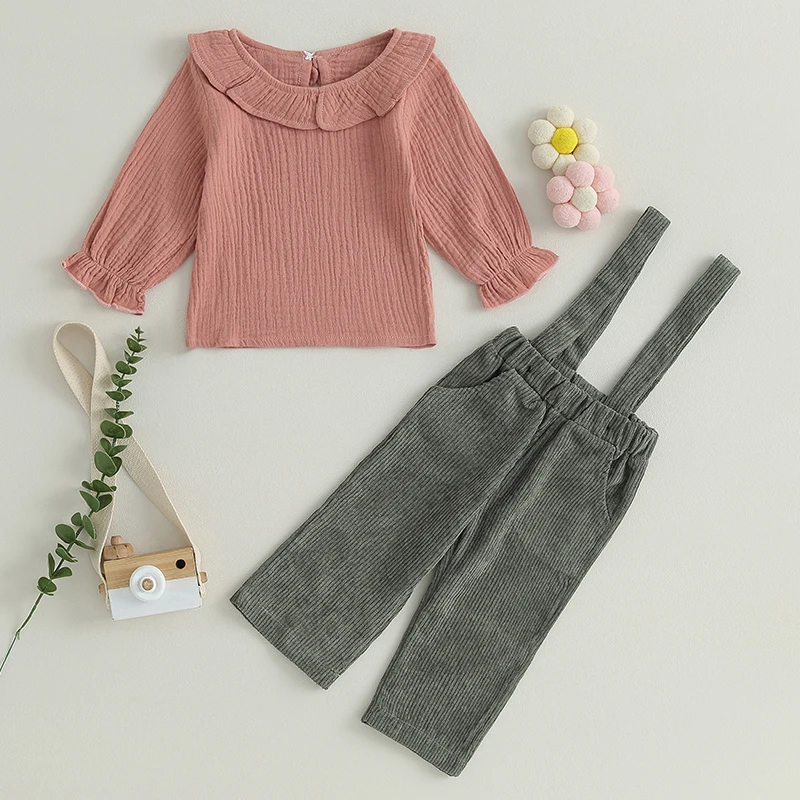 

Baby Girls 2Pcs Fall Bib Outfits Long Sleeve Peter Pan Doll Collar Tops Suspender Corduroy Pants Set Toddler Clothes
