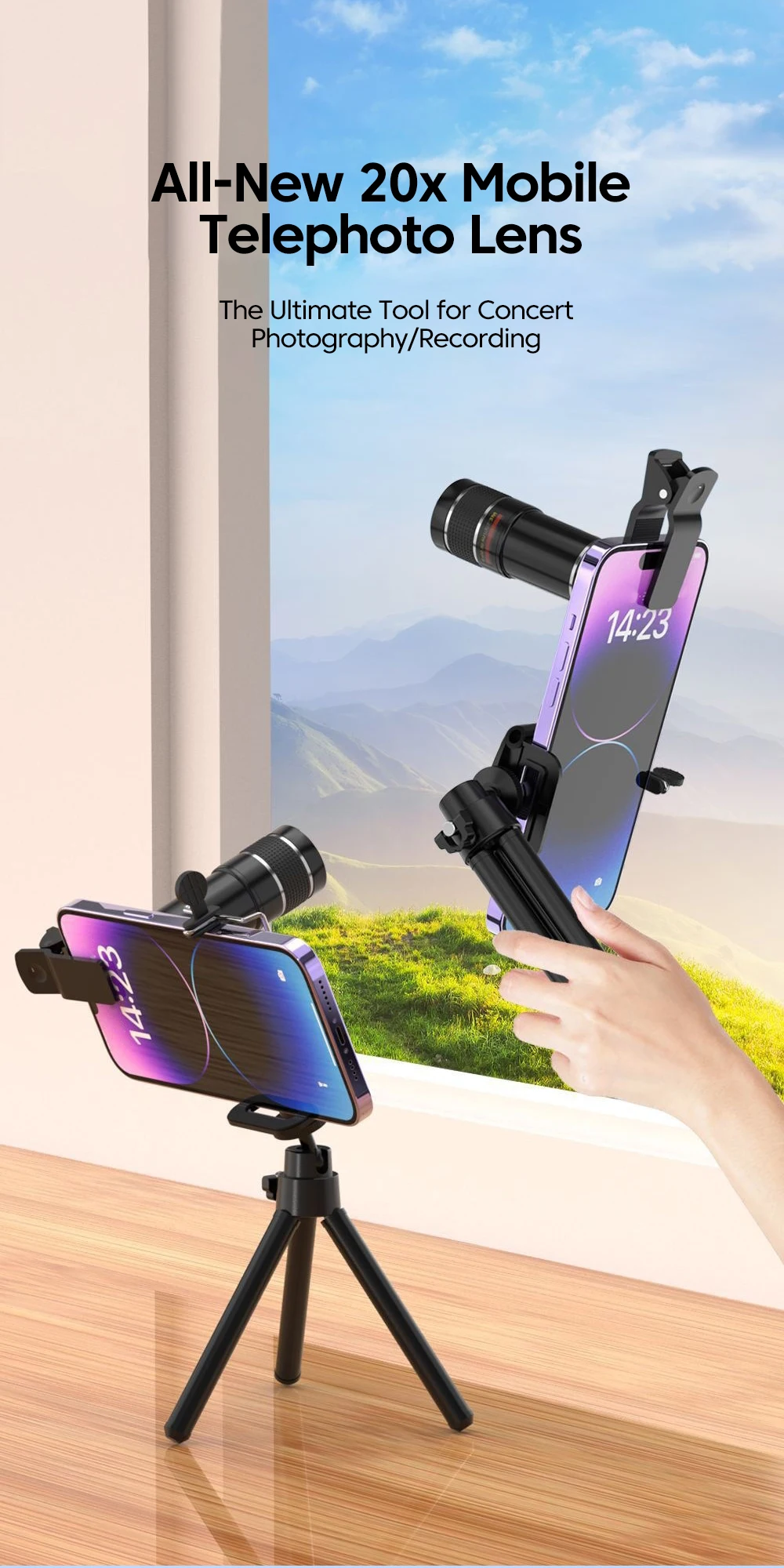 20x Mobile Phone Telephoto Lens Portable Adjustable Focal Length External Camera Cellphone Universal Clip-on Shooting Accessorie