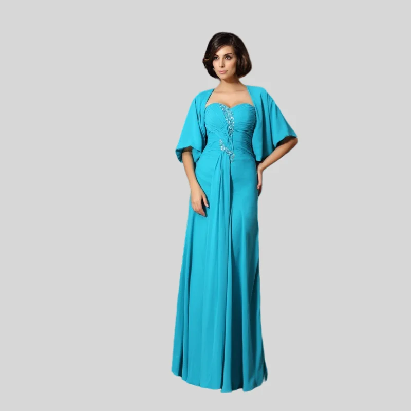 

Turquoise Mother Of The Bride Dresses A-line Sweetheart Chiffon Beaded With Jacket Long Groom Mother Dresses For Wedding