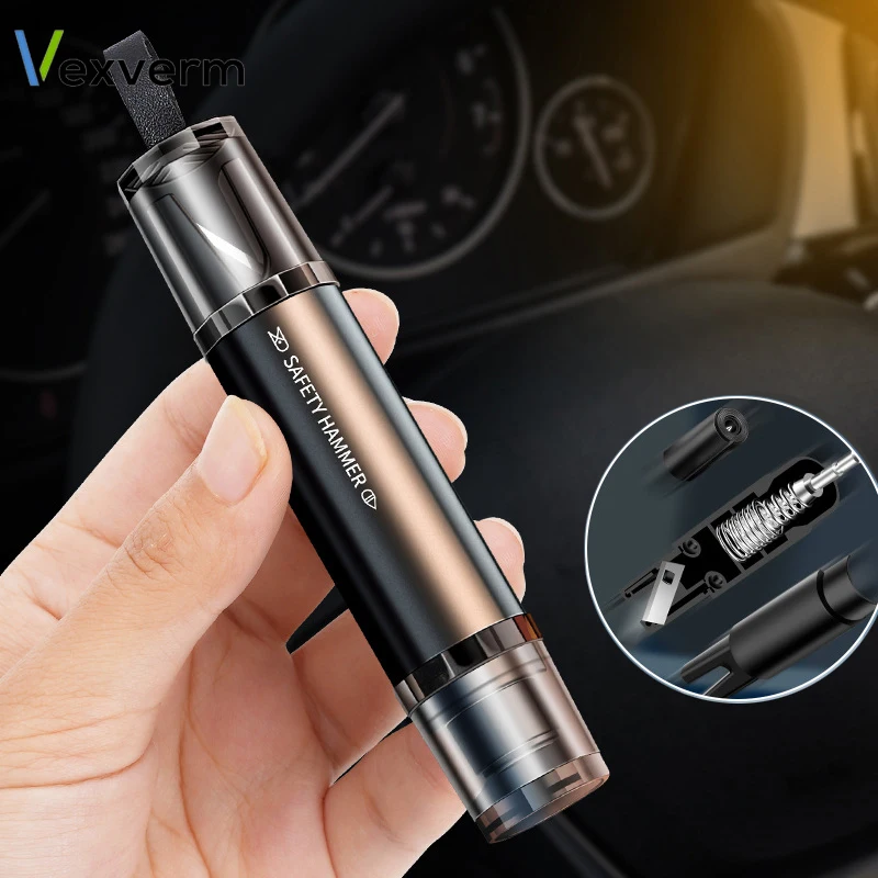 Car Safety Hammer 2-in-1 Window Glass Breaker Seat Belt Cutter High Hardness Tungsten Steel Emergency Rescue Tool With Base