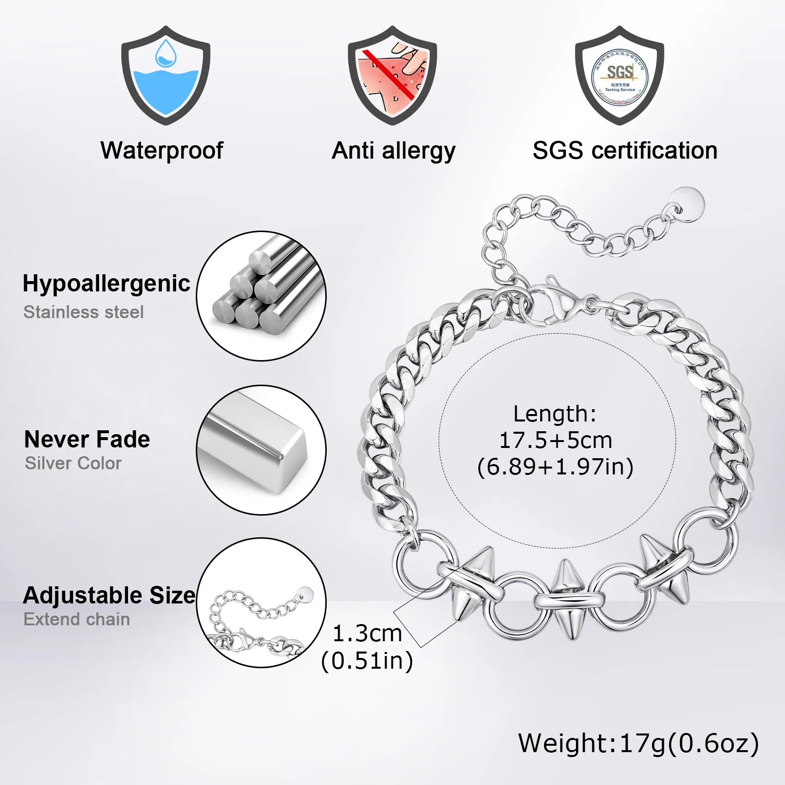 Punk Men's Rivet Chain Bracelet,Never Fade Stainless Steel Adjustable Wristband,Hip Hop Jewelry Gift