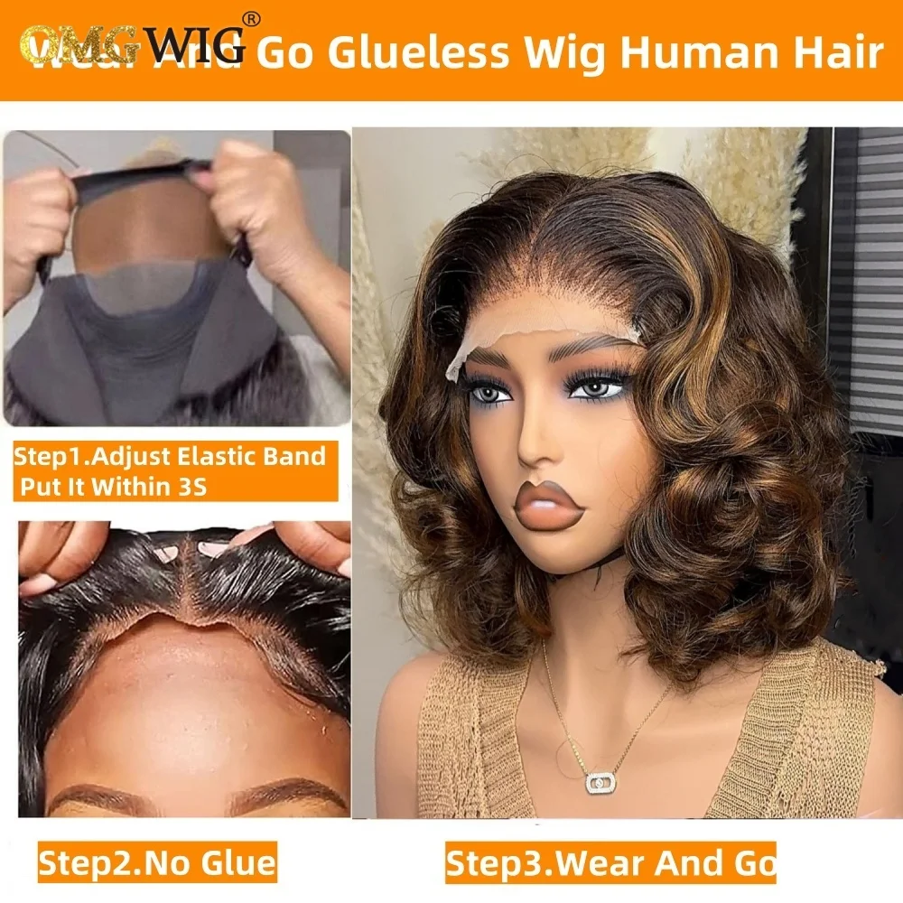 Human Hair Wig Lace Front Wigs 360 Pre Cut Lace Ginger/Brown Highlight Color Short Wave Human Hair Wig For Black Women 4x4/5x7 Glueless Wave Wig Preplucked