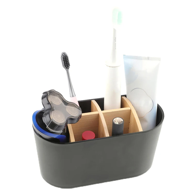 

Six-Compartment Cosmetics Brush Storage Case Plastic Black Makeup Tools Holder Toothbrush And Toothpaste Organizer Box