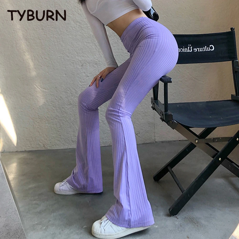 

TYBURN Spring Summer 2023 New Purple Pants Women's Fashion Flare Pants Solid High Waist Elastic Casual Pants