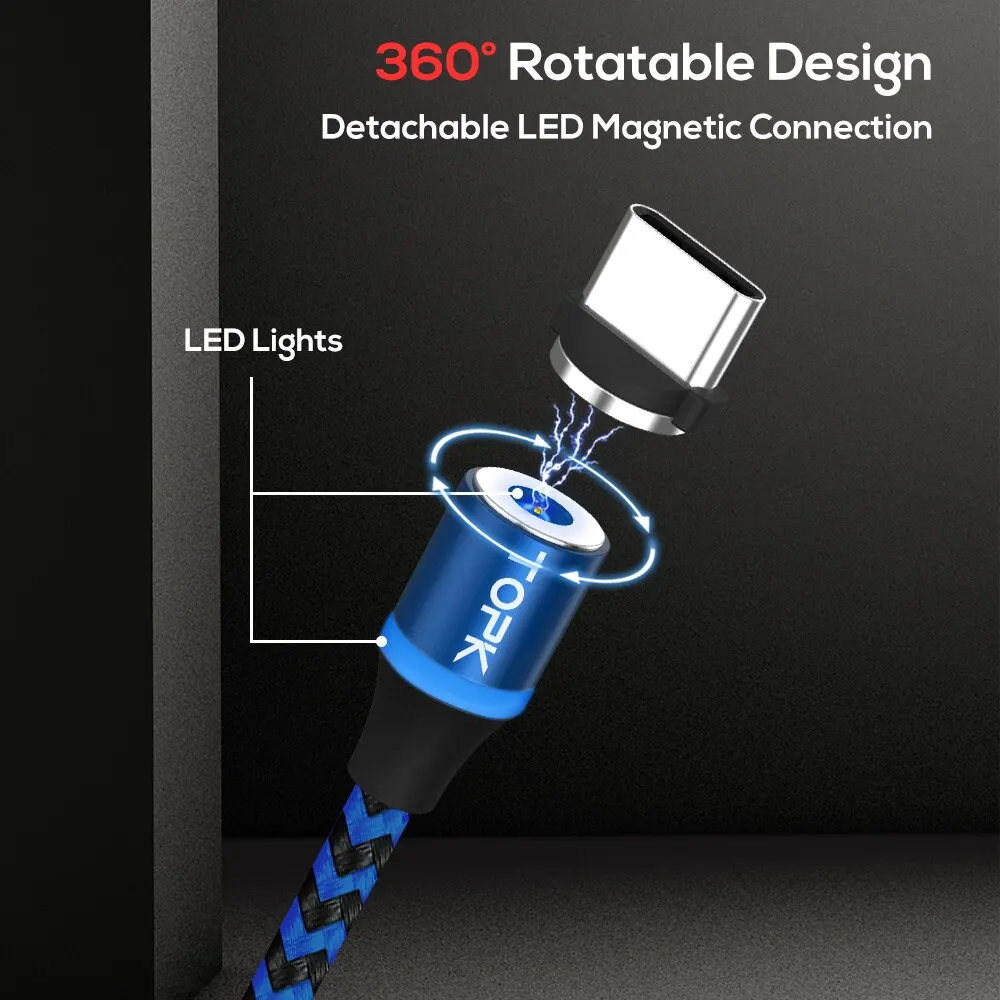 Magnetic Charging Cable 3 IN 1 360 Rotation Magnetic Phone Charger Cable With LED Light For Micro USB Type C