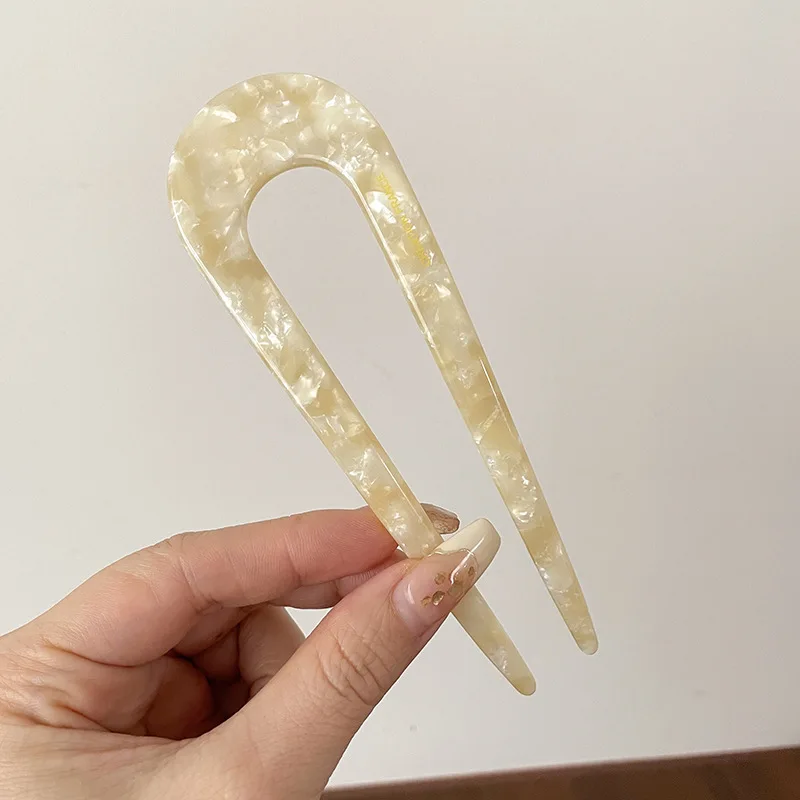 Elegant Marble Print U-Shaped Hair Fork - Acetate Geometric Hair Clip Stick for Bun Maker and Vintage Hairstyles