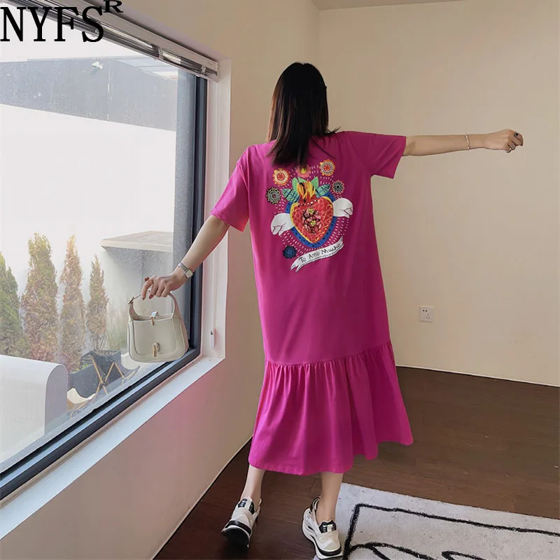 

NYFS 2023 Summer New Korea Woman Dress Vestidos Robe Elbise Loose Plus Size Cotton Flowers Short Sleeve Long Dresses