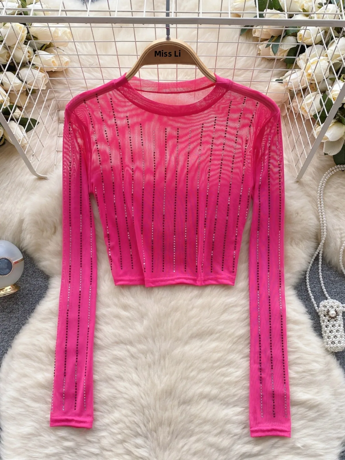 Women's Heavy-du Rhinestone Embellied Slim-fit ort Sexy See-tough Me Crop Top Pure Color Long Sve Base irt