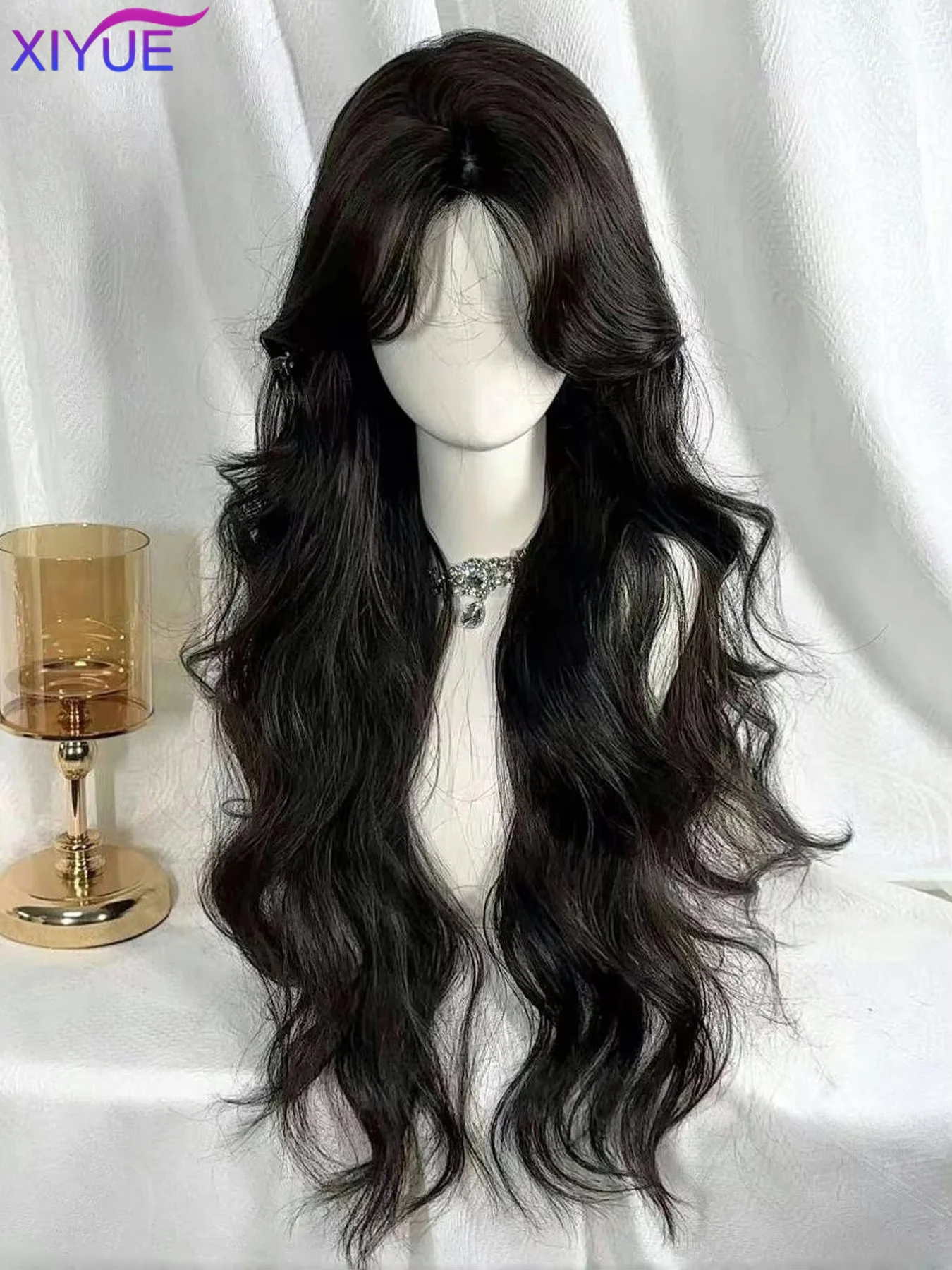 XIYUE 75cm Super Long Black Wavy Synthetic Wigs with Bangs for Women Afro Dark Water Wave Cosplay Natural Hair Wig Heat Resistan