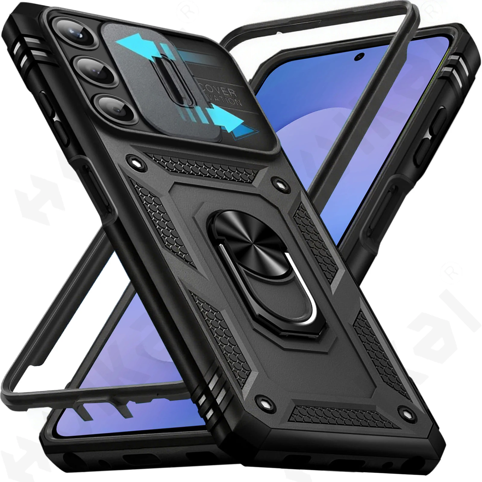 360° Rotating Ring Kickstand Military-Grade Protective Phone Case with Slide Camera Cover